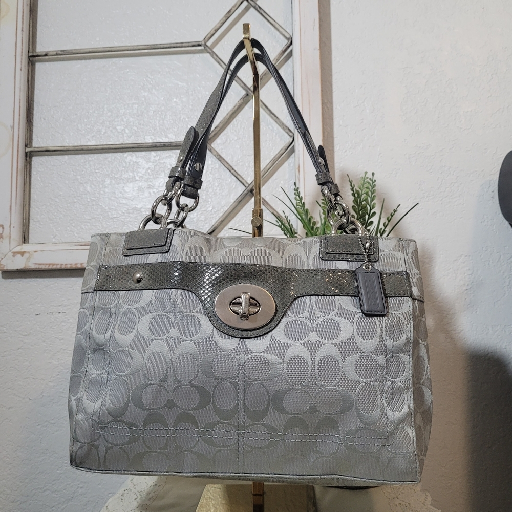 Coach Penelope Grey Signature Logo Carryall Canvas Bag with Embossed Snakeskin
